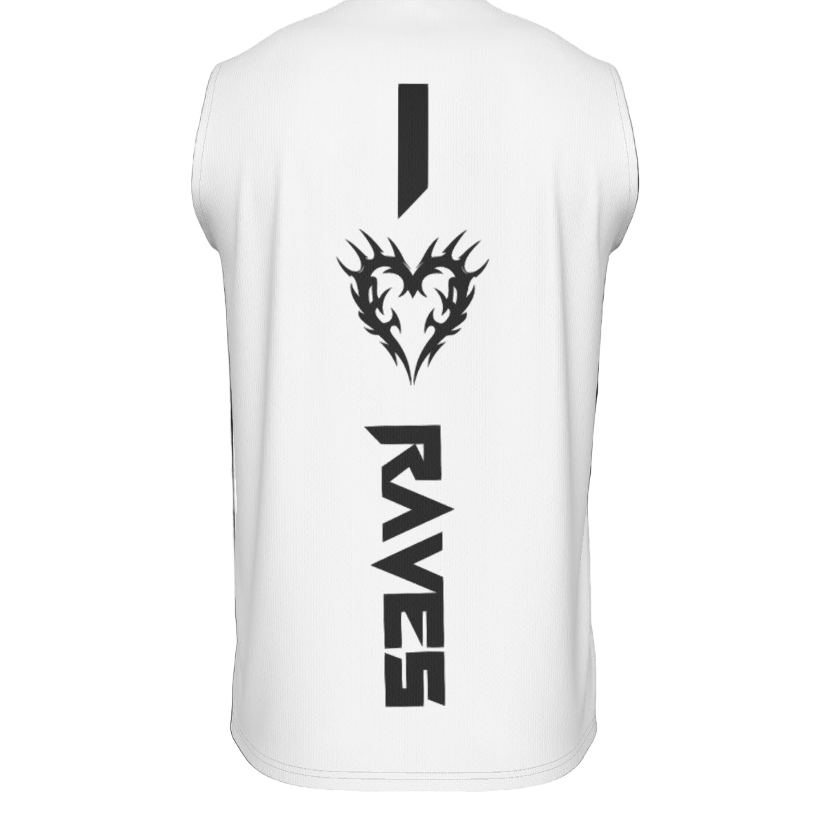 White sleeveless shirt with black graphics and text on a white background