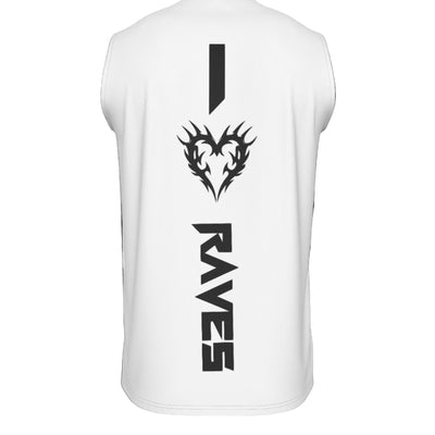 White sleeveless shirt with black graphics and text on a white background