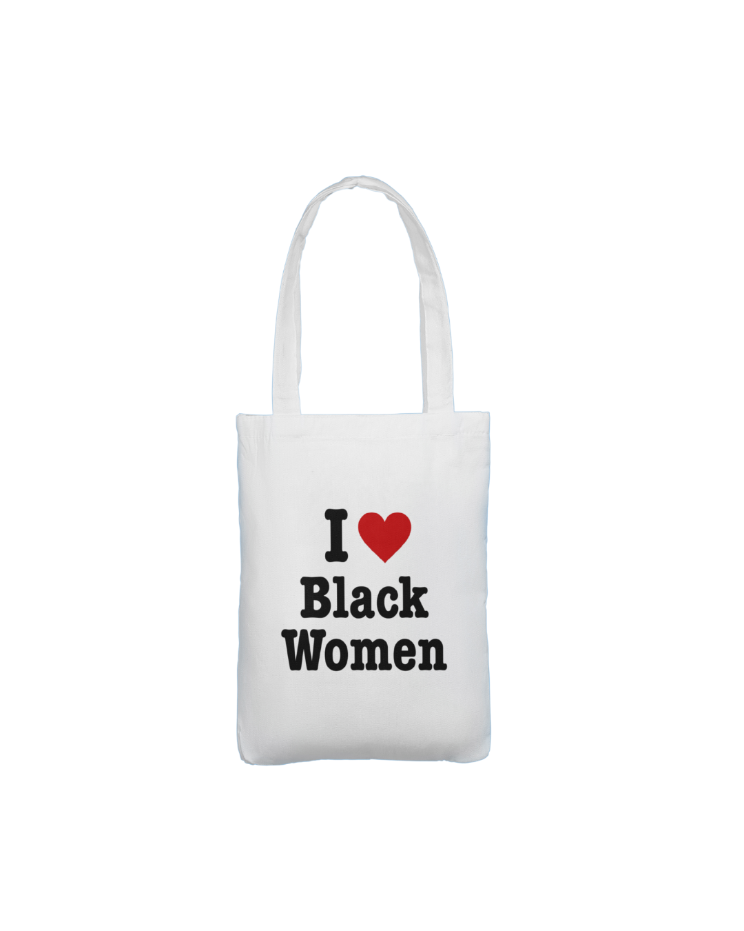 White tote bag with 'I ❤️ Black Women' text on a white background